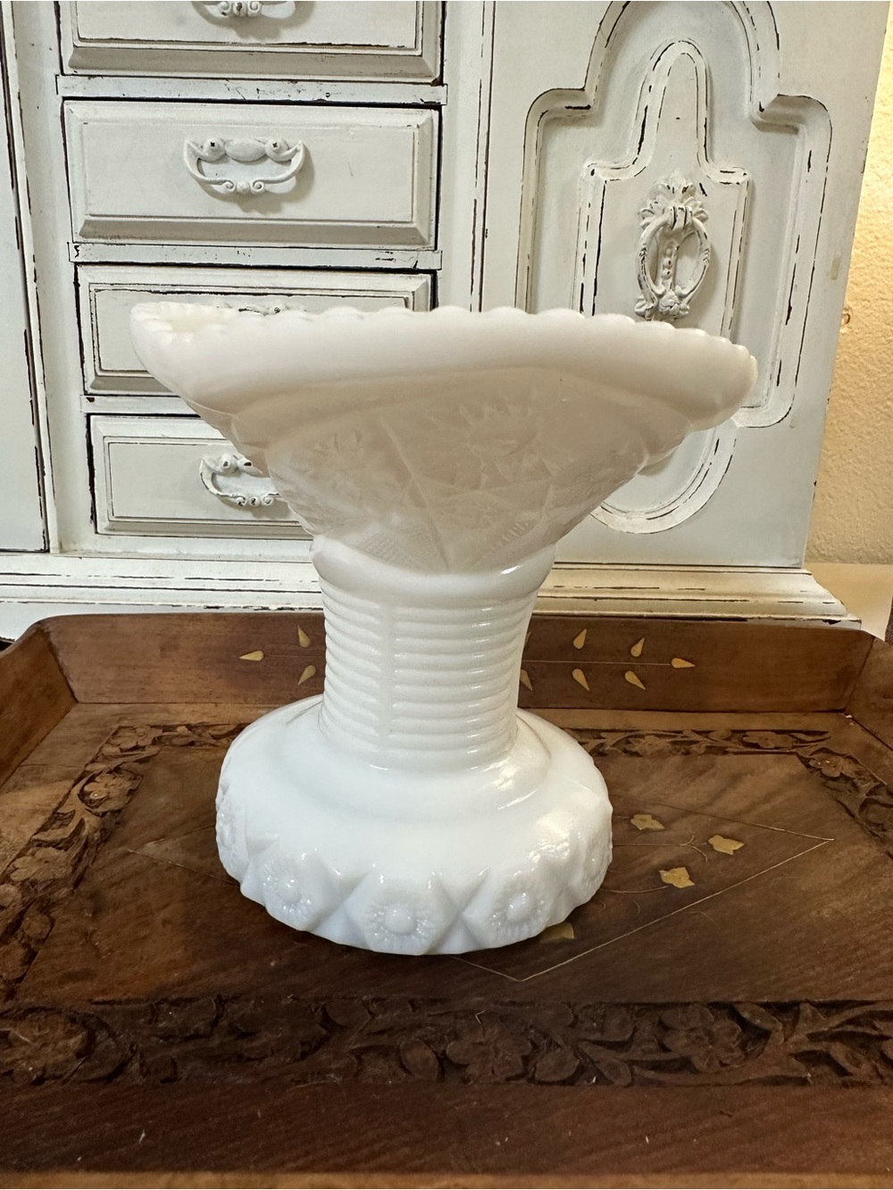VINTAGE White Milk Glass Decorative Compote Vase